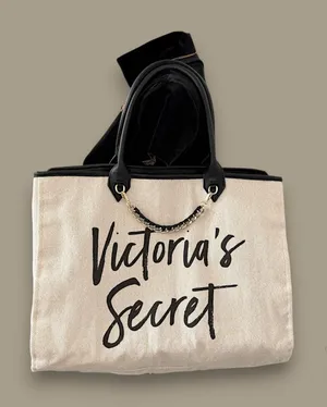 Victoria's Secret 2017 Beige Canvas Tote | Script Logo & Chain thumbnail 1