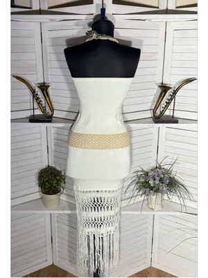 Vintage Y2K cotton knit dress strapless fringes boho coquette coastal cowgirl S thumbnail 2