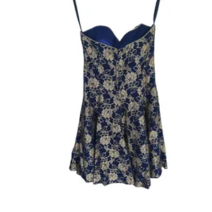 VTG 90s Strapless Sweetheart Floral Mini Dress Gold Foil Navy Size 6 Homecoming thumbnail 5