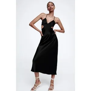 NEW Zara Black Silk Satin Sleeveless Cutout V Neck Strappy Midi Slip Dress Sz XS thumbnail 3