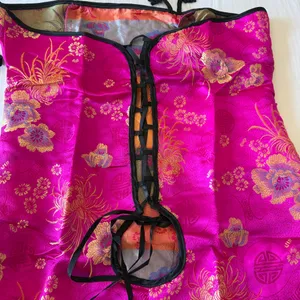 Hot Pink Satin Brocade Halter Top ✧ Chinese Cheongsam Style Lingerie Set ✧ Open Back Lace-Up ✧ Large ✧ Y2K Festival Top + Thong thumbnail 6