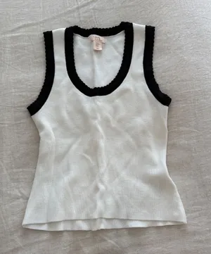 Camila Coelho White Knit Tank with Black Scallop Trim thumbnail 1