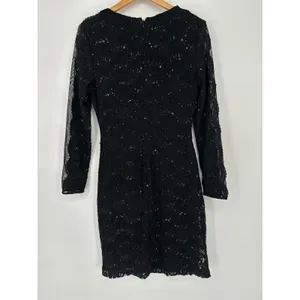 Lauren‎ RALPH LAUREN Lace Sequin Black Dress 14 Ruched Waist Sheer Sleeve Formal thumbnail 5