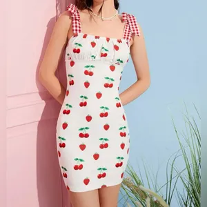 💜Retro Strawberries & Cherries Gingham Strap Dress thumbnail 2