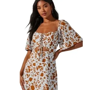 ASTR the Label‎ Blue Brown Floral Lace Up Cutout Midi Dress ALD44563 Small thumbnail 14