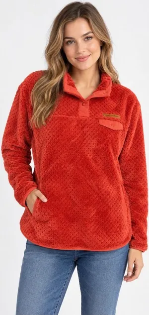 Simply Southern Sherpa Pullover Women's XL Rust Fleece Snap Neck Pocket Sweater thumbnail 1