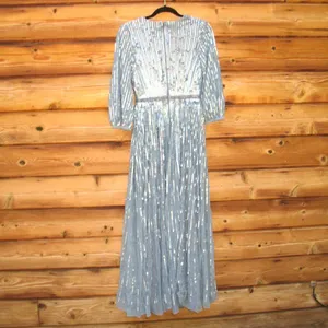 Mac Duggal Size 4 Blue Sequin Wrap Over 3/4 Sleeve Maxi Dress Gown thumbnail 8