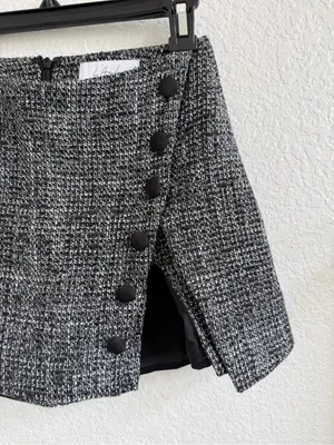 L’Academie Revolve Tweed Mini Skirt Skort with Side Button Detail Black White XS thumbnail 3