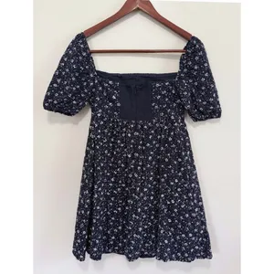 Anthropologie Maeve Navy Lillianne Floral Puff Sleeve‎ Eyelet Mini Dress Size 4 thumbnail 4