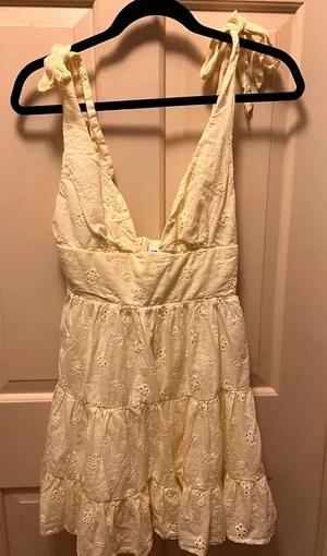Princess Polly Yellow Eyelet Tie-Strap Mini Dress US 4 cotton ruffles thumbnail 1