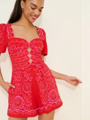 FARM Rio Olivia Red Floral Puff-Sleeve Mini Romper thumbnail 3