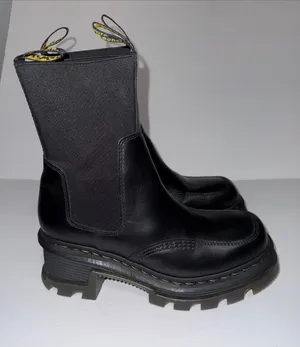 Dr. Martens Black Leather Platform Chelsea Boots with Yellow Pull Tab thumbnail 1