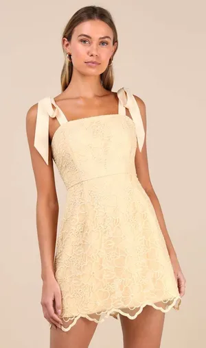New Lulus Lovable Light Yellow Embroidered Tie-Strap Mini Dress Size XL thumbnail 1