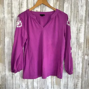 Talbots Purple Embroidered Floral Split Neck Tee •Medium thumbnail 2