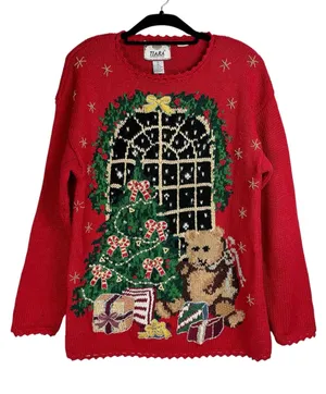Vintage 90s Tiara International Red Christmas Sweater Sz Medium Teddy Bear Tree thumbnail 1