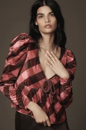 Maeve Anthropologie Pink Plaid Velvet Babydoll Top Medium‎ Coquette Academia thumbnail 1