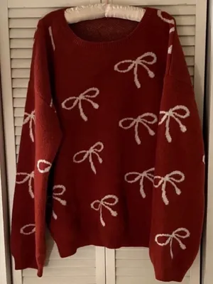 Rustic Orange Chunky Pullover Fall Coquette Sweater Bow Print Size XXL thumbnail 1