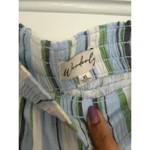 Wonderly Womens Cotton High Rise Tie Waist Ankle Pants Blue Green Striped XL thumbnail 12