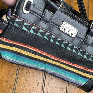 Chaps Black Faux Leather Woven Southwestern Multi Color Stripe‎ Shoulder Bag thumbnail 4