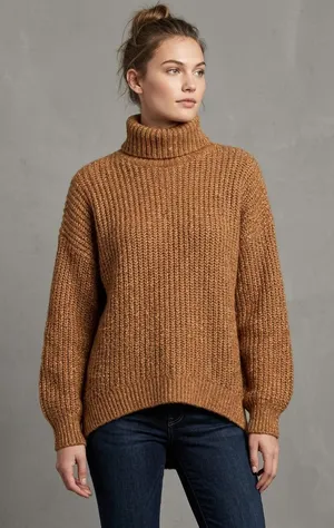 Old Navy Ribbed Turtleneck Sweater in Camel Brown Tunic Length Wool Blend thumbnail 1