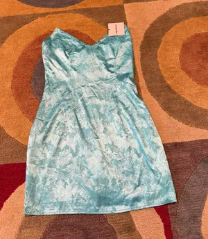 NWT Superdown Aqua Blue Satin Strapless Mini Dress Tie Back FLAWED See pics S thumbnail 1