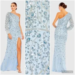 MAC DUGGAL Blue Embellished One Sleeve Faux Wrap Gown Dress 8 thumbnail 2