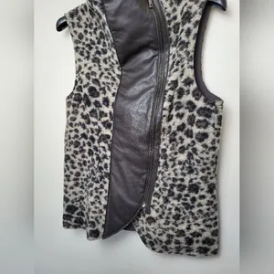 Elaine Kim Fur and Leather Vest Zip Biker Lagenlook Animal Print Size Large thumbnail 8