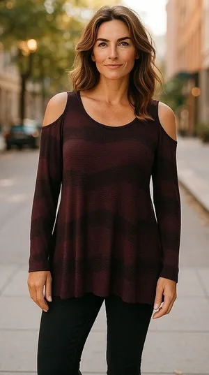 Soma Women's Cold Shoulder Tunic Merlot Agile Lines Banded Cuffs‎ Size Medium thumbnail 1