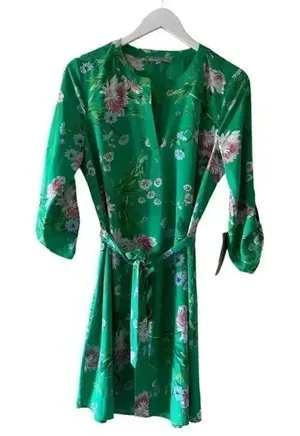 Anthropologie Daniel Rain Green Floral Print 3/4 Sleeve Tie Dress SZ M #2194 thumbnail 1