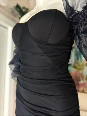 Black Ruched Bodycon Mini Dress Sweetheart Organza Ruffle Sleeves Size Small thumbnail 5