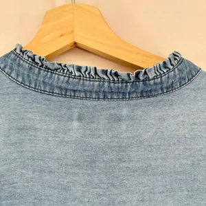 Kensie Jeans Blue Denim‎ Shirt Ruffle Mandarin Collar Long Sleeve Light Wash XL thumbnail 4