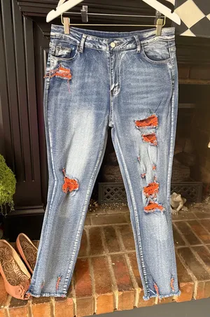 Women's Distressed Blue Denim Jeans with Orange Patch Details thumbnail 1