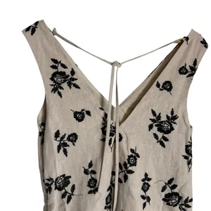 Abercrombie & Fitch Linen Beige Black Embroidered Floral V-Neck Mini Dress XS thumbnail 3