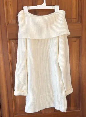 White Sweater Dress Off the Shoulder thumbnail 2
