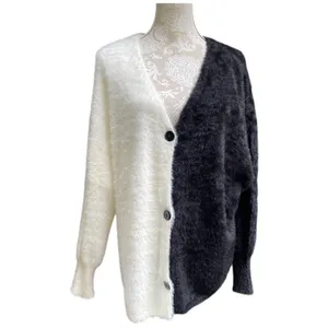 Black White Colorblock Fuzzy Cardigan Sweater Size XL Oversized Drop Shoulder thumbnail 4