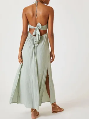 Anthropologie Women’s Halter Neck Tie Back Flowy Maxi Dress Sage Green Size M thumbnail 6