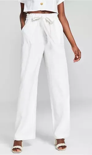 White High-Rise Tie-Waist Wide-Leg Linen Pants thumbnail 1