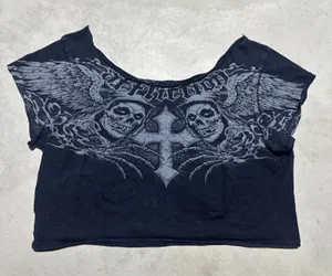 Y2K Affliction Misfits Skull/Dagger Cropped T Shirt Women's SZ L Grunge Goth Emo thumbnail 1