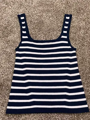 Loft Navy Blue & White Striped Ribbed Tank Top Medium thumbnail 1