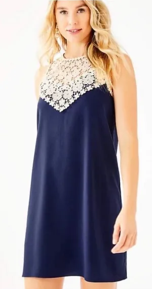 Lilly Pulitzer Navy Nala Shift Dress 4 Gold Crochet Lace Neckpiece Preppy Summer thumbnail 1