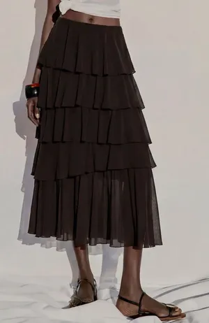 Zara NWT Brown mesh Tiered ruffle Chiffon mesh Midi Skirt - dark brown thumbnail 1