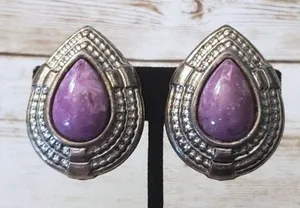 Vintage Clip On Earrings Extra Large Statement Purple & Silver Tone - Tarnished thumbnail 1