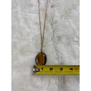 Vintage Tigers Eye Oval Pendant Necklace Gold Tone‎ Chain Boho Statement 24 Inch thumbnail 4