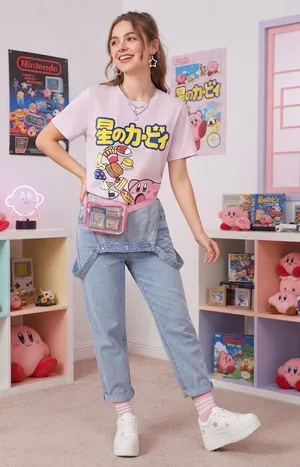 Kirby Anime Japanese Kanji Pink Graphic Short Sleeve T-Shirt Size Medium thumbnail 1