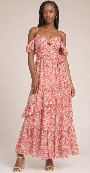 Lulus Posh Petals Red Floral Lurex Cold Shoulder Maxi Dress Size Large‎ Boho thumbnail 1
