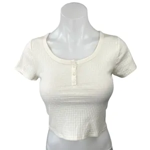 Wild Fable White Ribbed Knit Scoop Neck Short Sleeve Henley Crop Top Size XS thumbnail 1