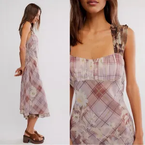 Free People Femme Grunge 90s Y2K Morning Dew Plaid Floral Midi Slip Dress Large thumbnail 4