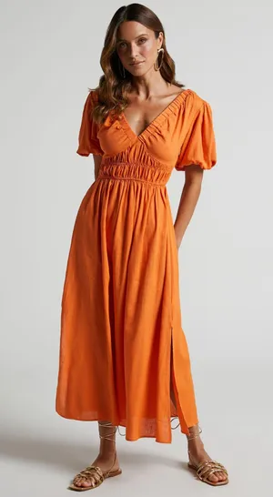 Showpo Puff Sleeve Plunge Neck Dress In Orange thumbnail 3
