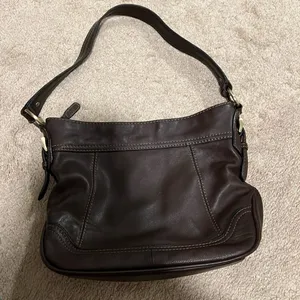 Dark brown genuine leather shoulder handbag. Gold hardware. 3 compartments. thumbnail 1