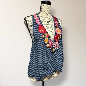 Free People XS Blue Striped Embroidered Faux Wrap‎ Tank Boho Floral Top Festival thumbnail 3